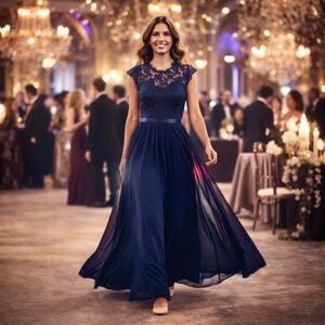 MIUSOL Formal Floral Dress Gown Navy Lace Cap Sleeve Empire Waist Maxi Size L